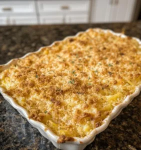Old School Cheesy Squash Casserole served in a baked dish with cheese on top