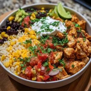 One-Pan Chicken Burrito Bowl with fresh ingredients and vibrant colors