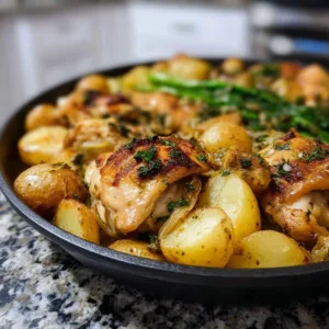 One pan lemon garlic chicken and potatoes dish for a simple, delicious meal.