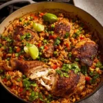 One Pot Mexican Chicken and Rice dish garnished with fresh herbs