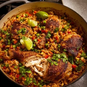 One Pot Mexican Chicken and Rice dish garnished with fresh herbs