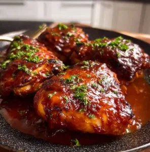 Delicious oven baked BBQ chicken served with sides