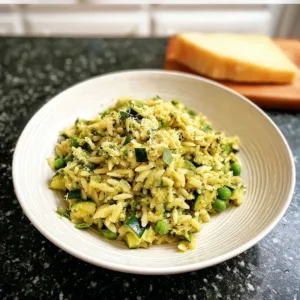 Pea, zucchini, and pesto orzo dish garnished with fresh herbs.
