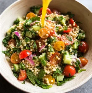 Pearl Couscous Salad 3 Delicious Pearl Couscous Salad with fresh vegetables and herbs