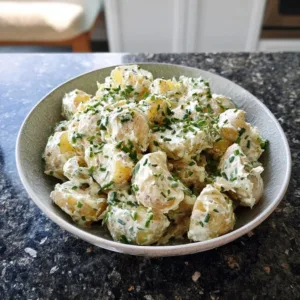 Delicious homemade potato salad served in a bowl, garnished with herbs.