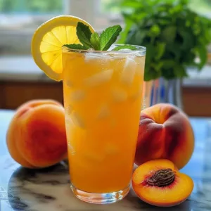 Glass of refreshing peach lemonade with fresh peaches and lemon slices