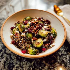 Deliciously roasted cranberries and Brussels sprouts on a bed of wild rice.