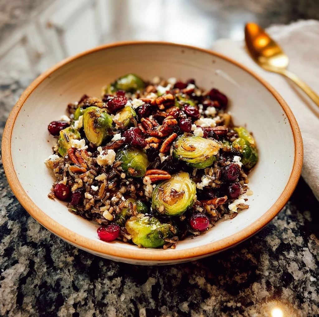 Roasted Cranberries and Brussels Sprouts over Wild Rice