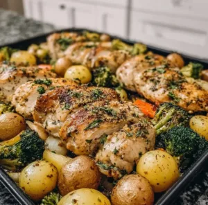 Sheet pan garlic butter chicken with colorful veggies ready to serve
