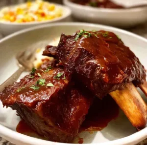 Slow cooked beef ribs with barbecue sauce served on a plate