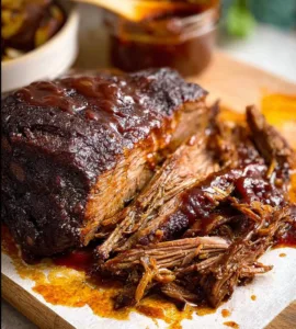 Delicious Slow Cooker Beef Brisket with rich BBQ Sauce serving on a plate