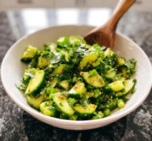 Freshly prepared smashed cucumber salad with vibrant vegetables