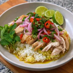 A plate of Southeast Asian chicken rice with sliced chicken and garnishes.