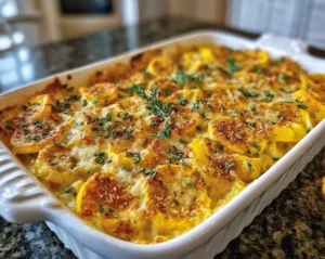 Southern squash casserole dish filled with baked squash and cheese on a table.