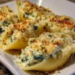 Spinach ricotta stuffed shells in a baking dish topped with marinara sauce and cheese.