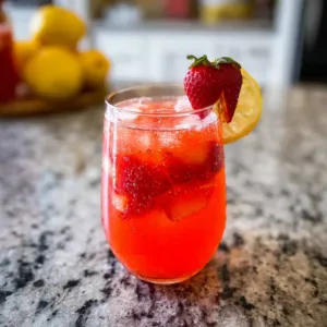 Refreshing strawberry lemonade served in a glass with fresh strawberries