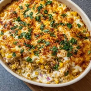 Street Corn Chicken Casserole topped with cheese and corn