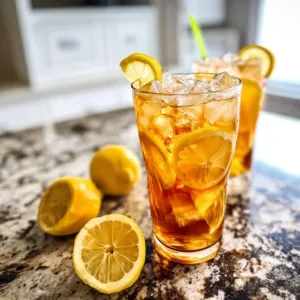 Sweet lemon iced tea served in a glass with lemon slices and ice cubes