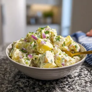 Delicious creamy potato salad served in a bowl with fresh herbs