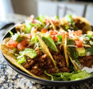 Delicious turkey tacos topped with fresh ingredients and avocado.