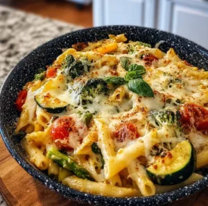 A colorful plate of Vegetable Pasta Primavera with fresh vegetables and herbs.