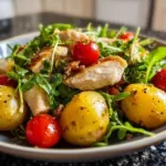Warm chicken and baby potato salad served on a plate, garnished with herbs.