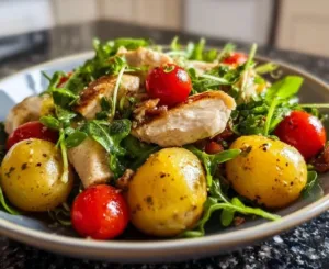 Warm chicken and baby potato salad served on a plate, garnished with herbs.
