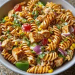 Delicious high-protein BBQ chicken pasta salad served on a plate