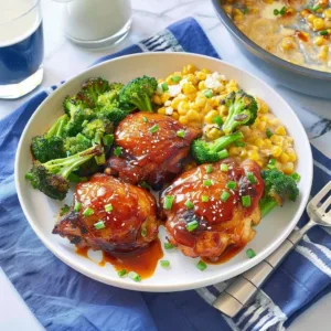 20-Min Honey BBQ Chicken Thighs with broccoli and creamed corn