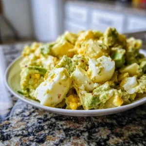 Creamy avocado potato salad served in a bowl with fresh herbs