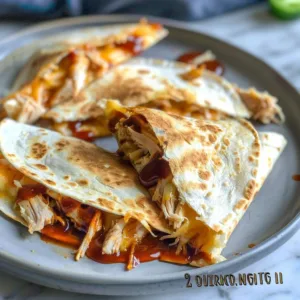 Barbecue Chicken Quesadillas 3 Delicious barbecue chicken quesadillas ready to serve, cooked to perfection.