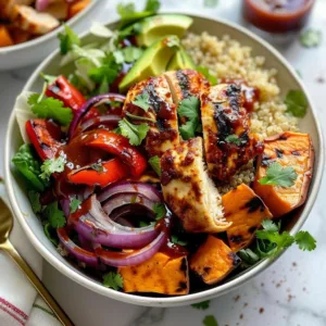 BBQ Chicken Bowl with grilled veggies and sweet potatoes on a plate