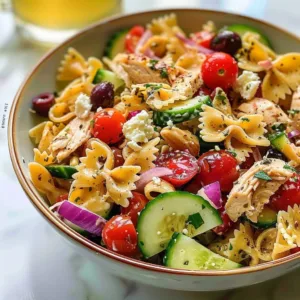 Delicious Greek Chicken Pasta Salad with fresh vegetables and herbs