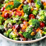 Fresh and colorful broccoli salad with vegetables and dressing