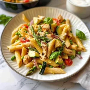 Chicken Pasta Primavera with fresh vegetables and creamy sauce