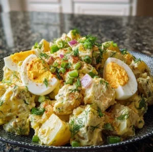 Classic American Potato Salad 2 Bowl of classic American potato salad with herbs and spices