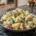 Bowl of Classic Red Potato Salad garnished with herbs and served at a picnic.