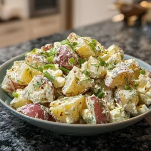Classic Red Potato Salad 2 Bowl of Classic Red Potato Salad garnished with herbs and served at a picnic.