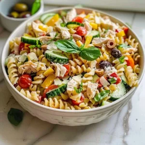 Cold Chicken Pasta Salad 3 Delicious cold chicken pasta salad served in a bowl with colorful vegetables.
