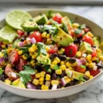 A colorful bowl of Cowboy Caviar salad with beans, corn, and peppers.