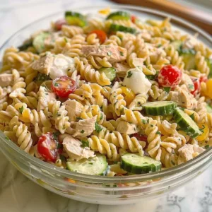 Creamy high-protein pasta salad with chicken served in a bowl