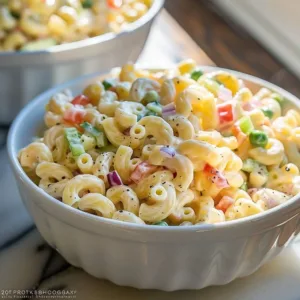 Creamy Macaroni Salad 3 Bowl of creamy macaroni salad topped with fresh herbs and vegetables