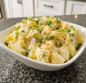 Creamy Picnic Classic Potato Salad 2 Creamy potato salad in a bowl, garnished with herbs for a picnic dish
