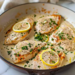 Creamy skillet lemon chicken with herbs served in a frying pan