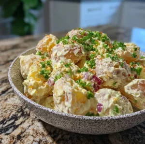 Delicious creamy Southern potato salad in a bowl, garnished with parsley