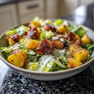 Crispy Potato Caesar Salad topped with parmesan and croutons