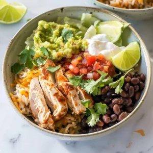 Crockpot salsa chicken burrito bowl served in a bowl with toppings.
