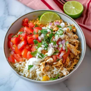 Easy Chicken Tinga Burrito Bowl 3 Delicious Chicken Tinga Burrito Bowl with fresh toppings and vibrant ingredients.