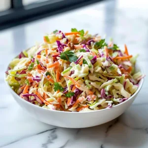 Bowl of easy creamy coleslaw with vibrant shredded vegetables
