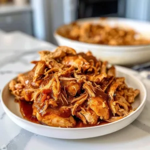 Delicious plate of family favorite pulled BBQ chicken topped with coleslaw.